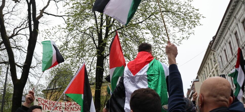Folkemengden veiver med det Palestinske flagget foran den Israelske ambassaden