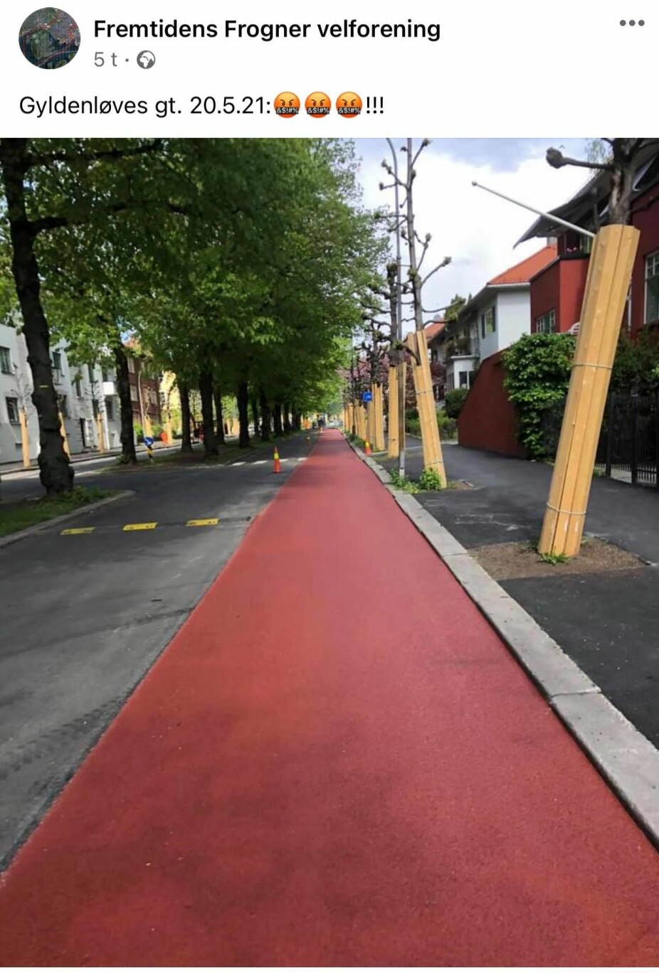 IKKE FORNØYD: Kommentarfeltet i Facebook-gruppen 'Fremtidens Frogner Velforening' koker under dette bildet av den nye sykkelveien i Gyldenløves gate.